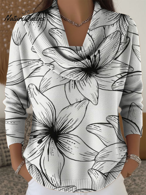 Line Drawing Of Floral Decorative Pattern Women's Casual Swing Collar Long Sleeve Sweater