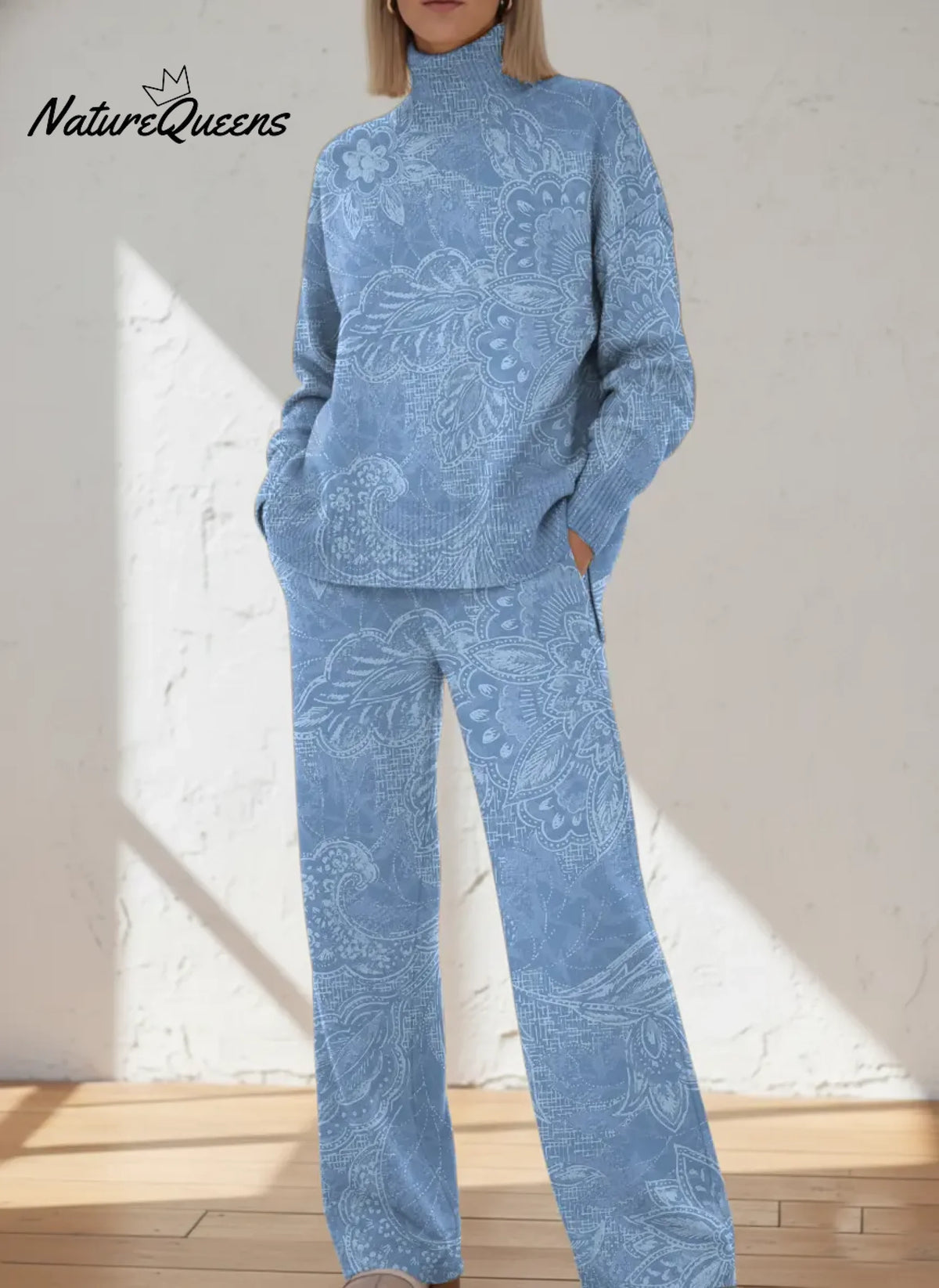 Women's Floral Pattern Art Print Casual Knitted Cotton Top Pants Suit