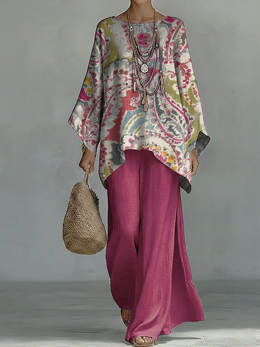 Bohemian-style Paisley Print Batwing Top & Linen-look Wide-leg Pants Two-piece Set
