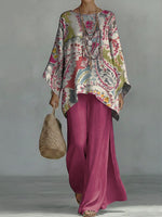 Bohemian-style Paisley Print Batwing Top & Linen-look Wide-leg Pants Two-piece Set