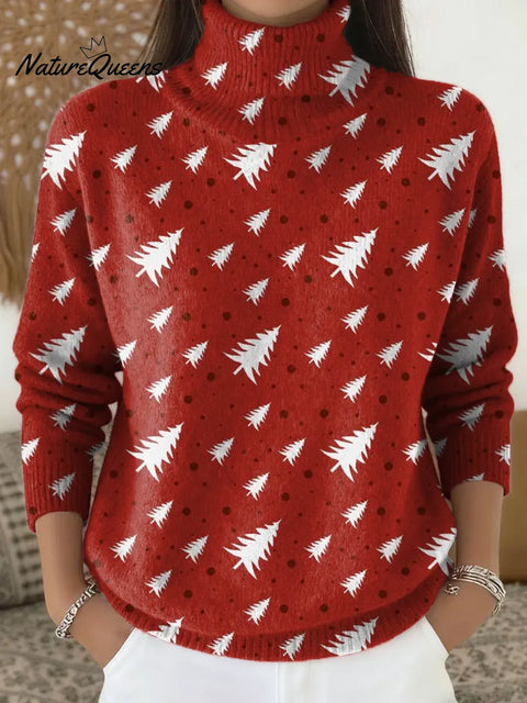 Women's Red Christmas Print Turtleneck Sweater