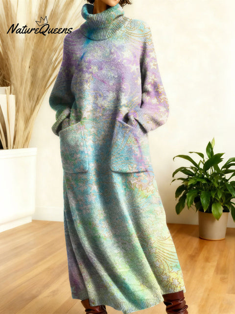 Women's Retro Color Gradient High-neck Long-sleeve Casual Loose Knit Dress