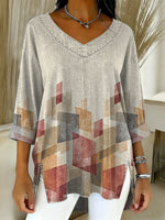 Women's Retro Geometric Art Print Casual Washed Denim Cotton Top