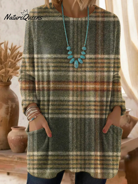 Women's Plaid Pattern Art Print Casual Cotton Knitted Sweater