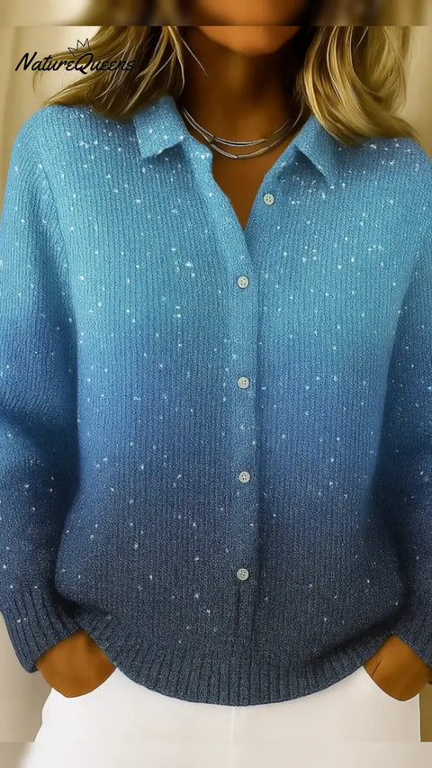 Women's Gradient Print Collared Long Sleeve Casual Loose Sequined Knit Cardigan