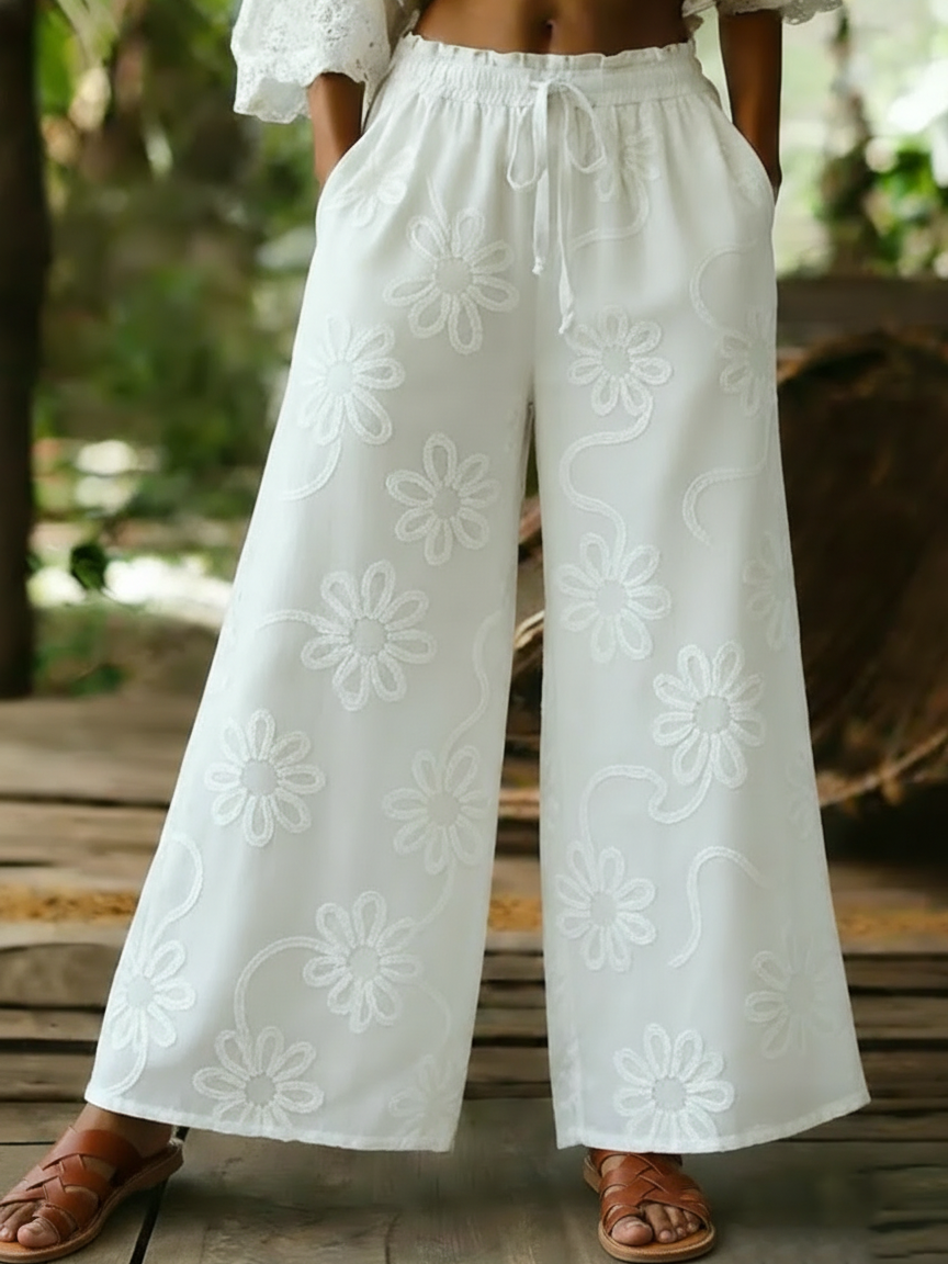 Cozy Romantic Floral Embroidery Cotton Wide-leg Pants