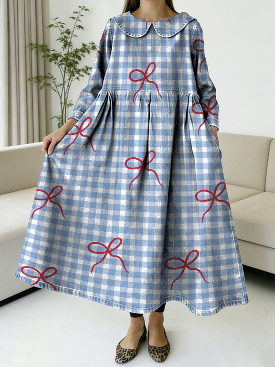 Women's Plaid And Bowknot Decorative Patterns Casual Peter Pan Collar Long Sleeve Dress