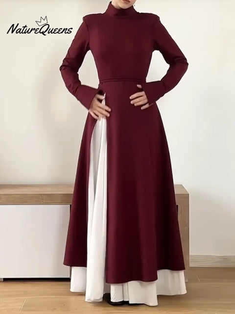 Women's Belted Long-sleeved Wool Blend Dress