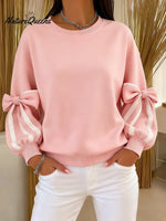Women's Crew Neck Long Sleeve Color Block Bow Casual Loose Sweatshirt