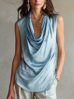 Women's Solid-color Cowl Neck Sleeveless Casual Loose-fit Satin Top