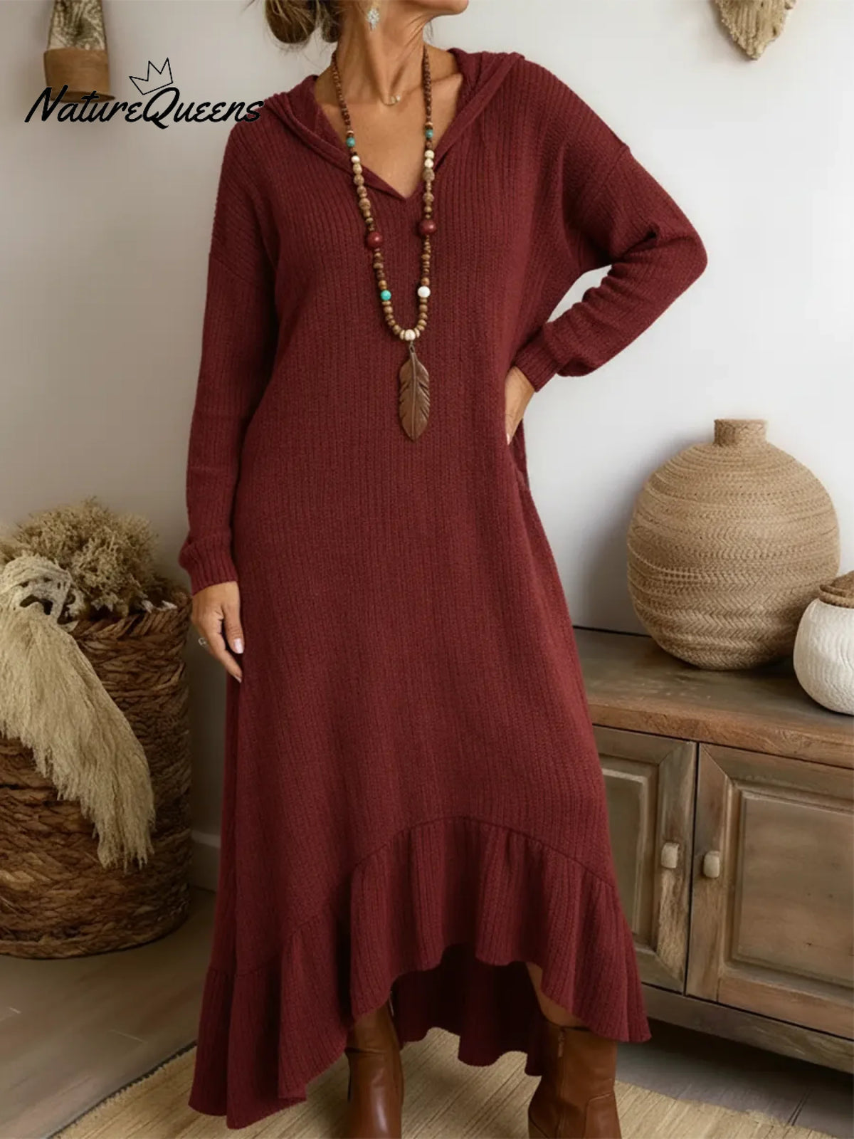 Boho Casual Loose-fitting Hooded Ruffled Hem Midi Knit Dress