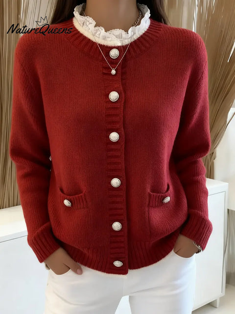 Women's Christmas Collar Cardigan Sweater with Lace Trim