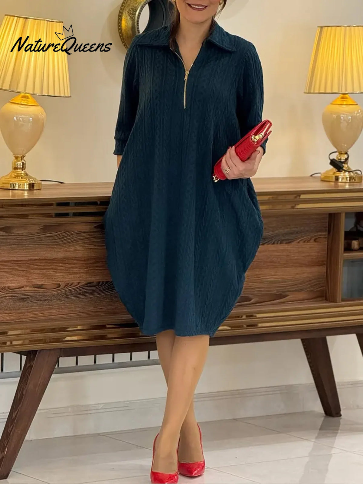 Women's Solid Color Cardigan Collar Three-quarter Sleeve Casual Loose Knit Dress