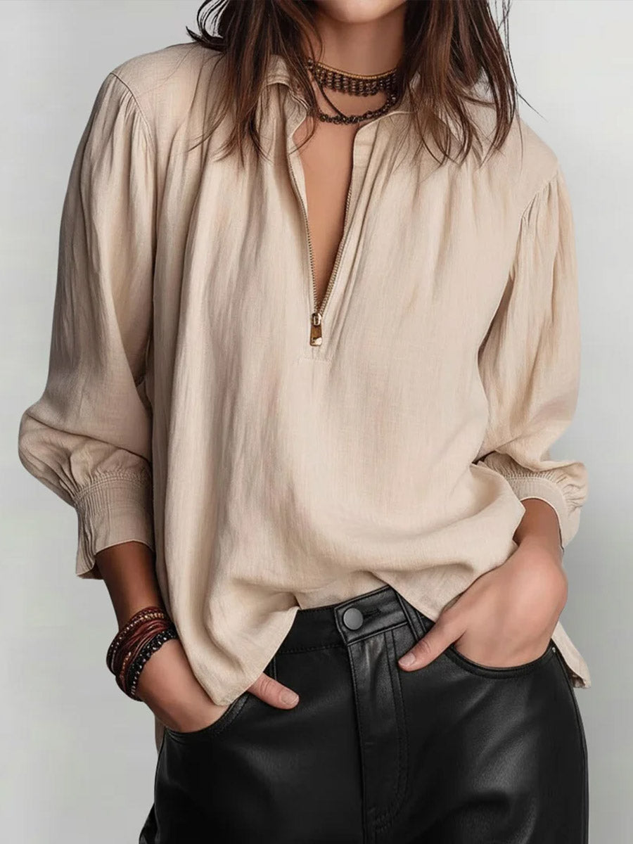 Women's Solid Color Lapel Long-sleeved Casual Loose Cotton And Linen Top