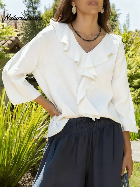 Women's Solid Color V-neck Ruffled Long-sleeved Casual Loose Cotton And Linen Top