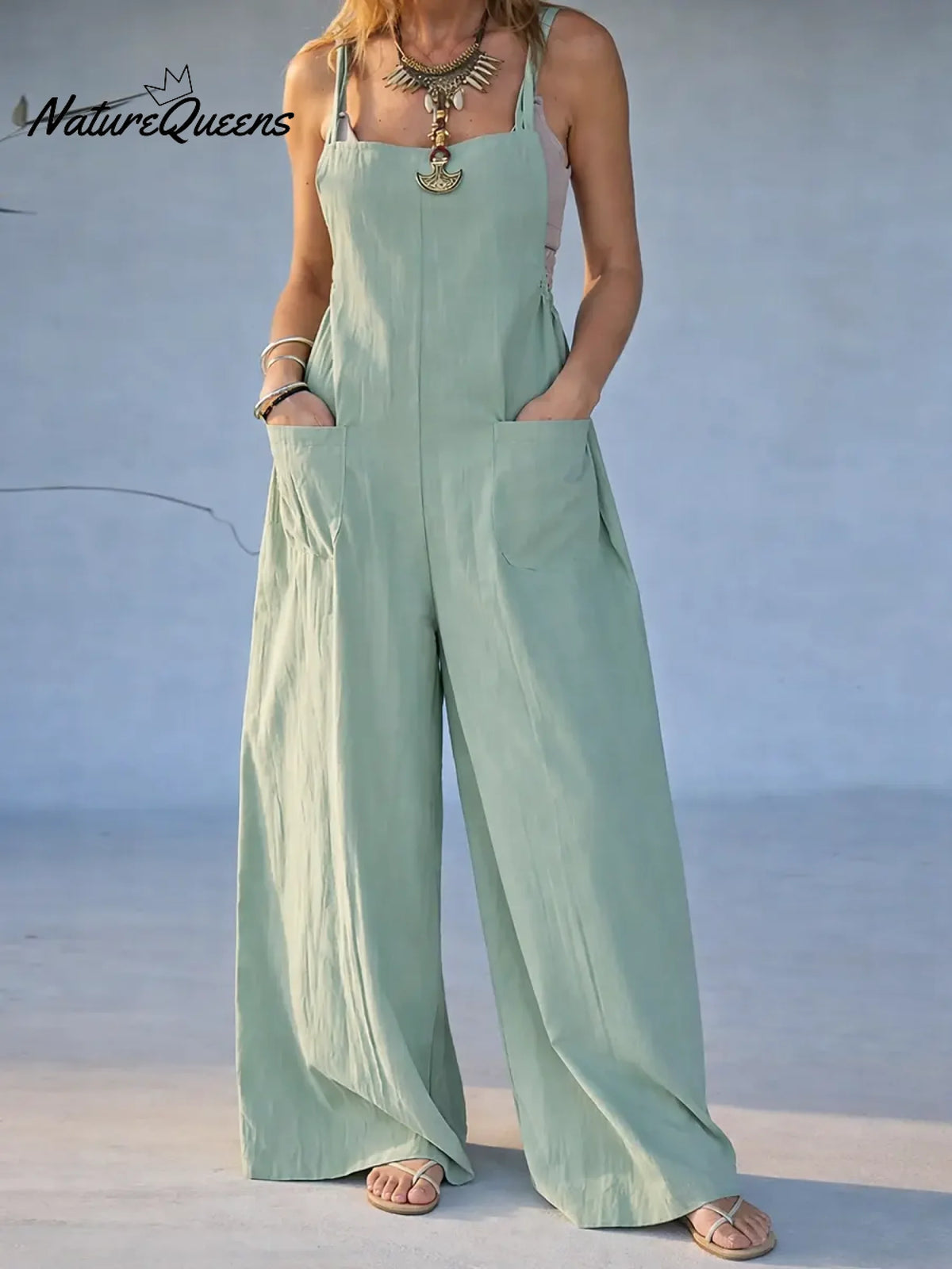 Women's Solid Color High-waisted Casual Loose Cotton And Linen Wide-leg Jumpsuit With Suspenders.