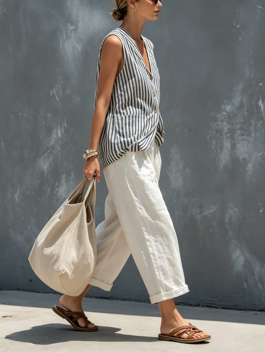 Women's Casual Striped Sleeveless Top And Wide-leg Pants Set