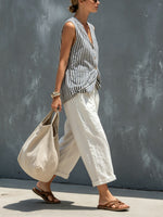 Women's Casual Striped Sleeveless Top And Wide-leg Pants Set
