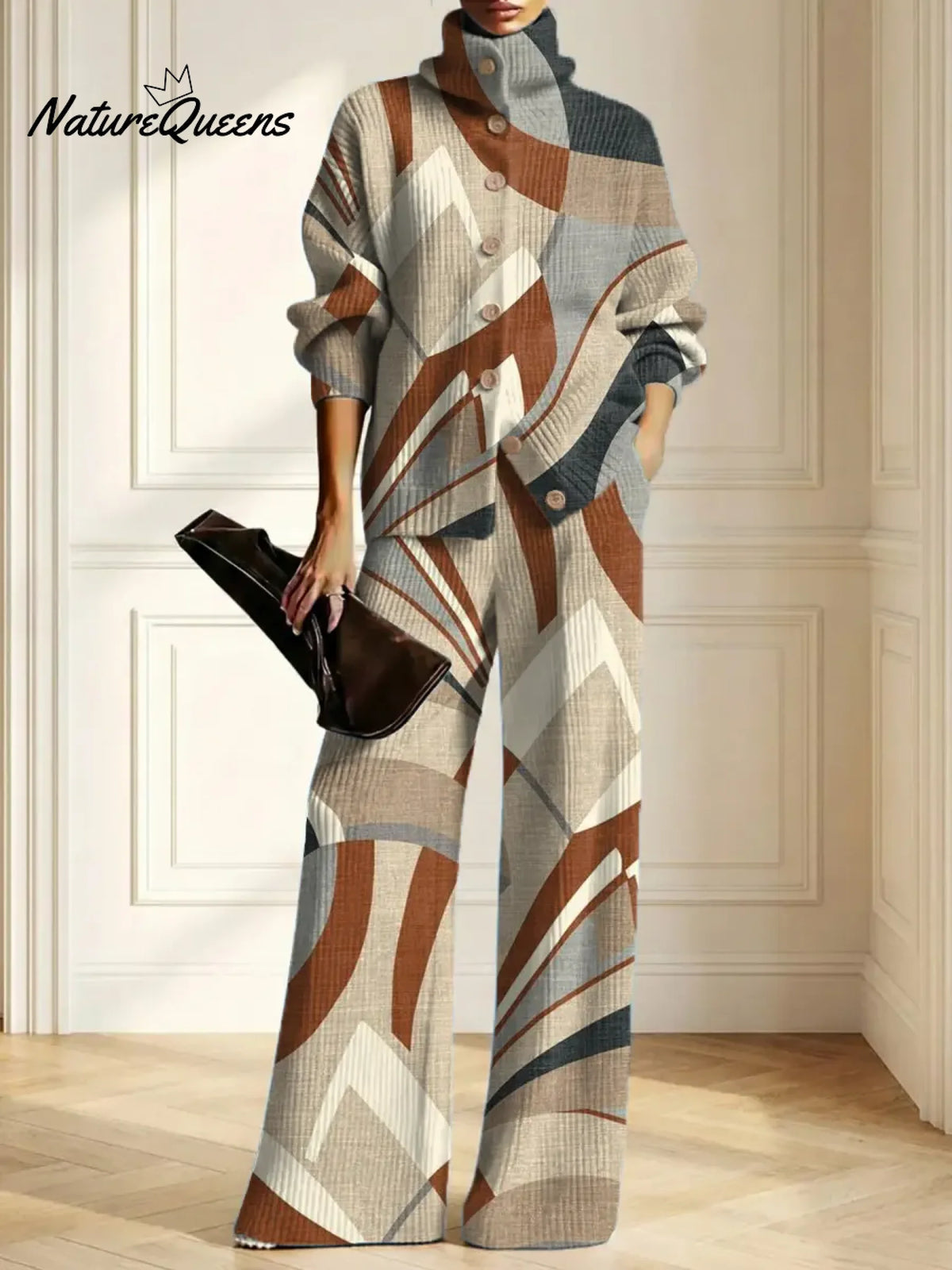 Women's Abstract Pattern Art Print Casual Cotton Knitted Suits