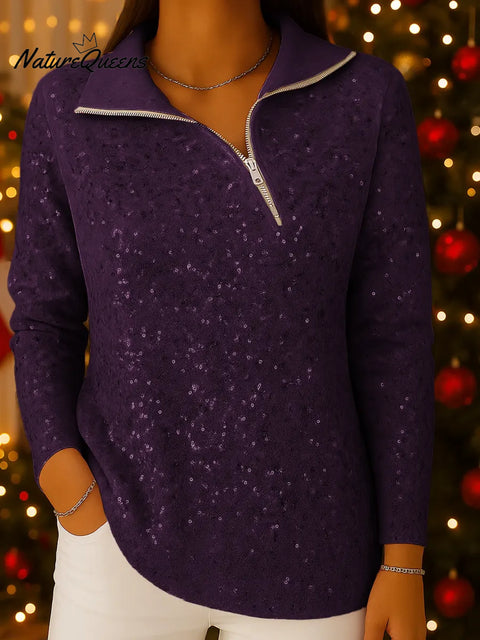 Women's Gradient Print Collared Long Sleeve Casual Loose Sequined Knit Cardigan