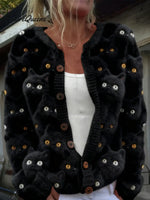 Women's Funny Cats Art Print Casual Knit Sweater