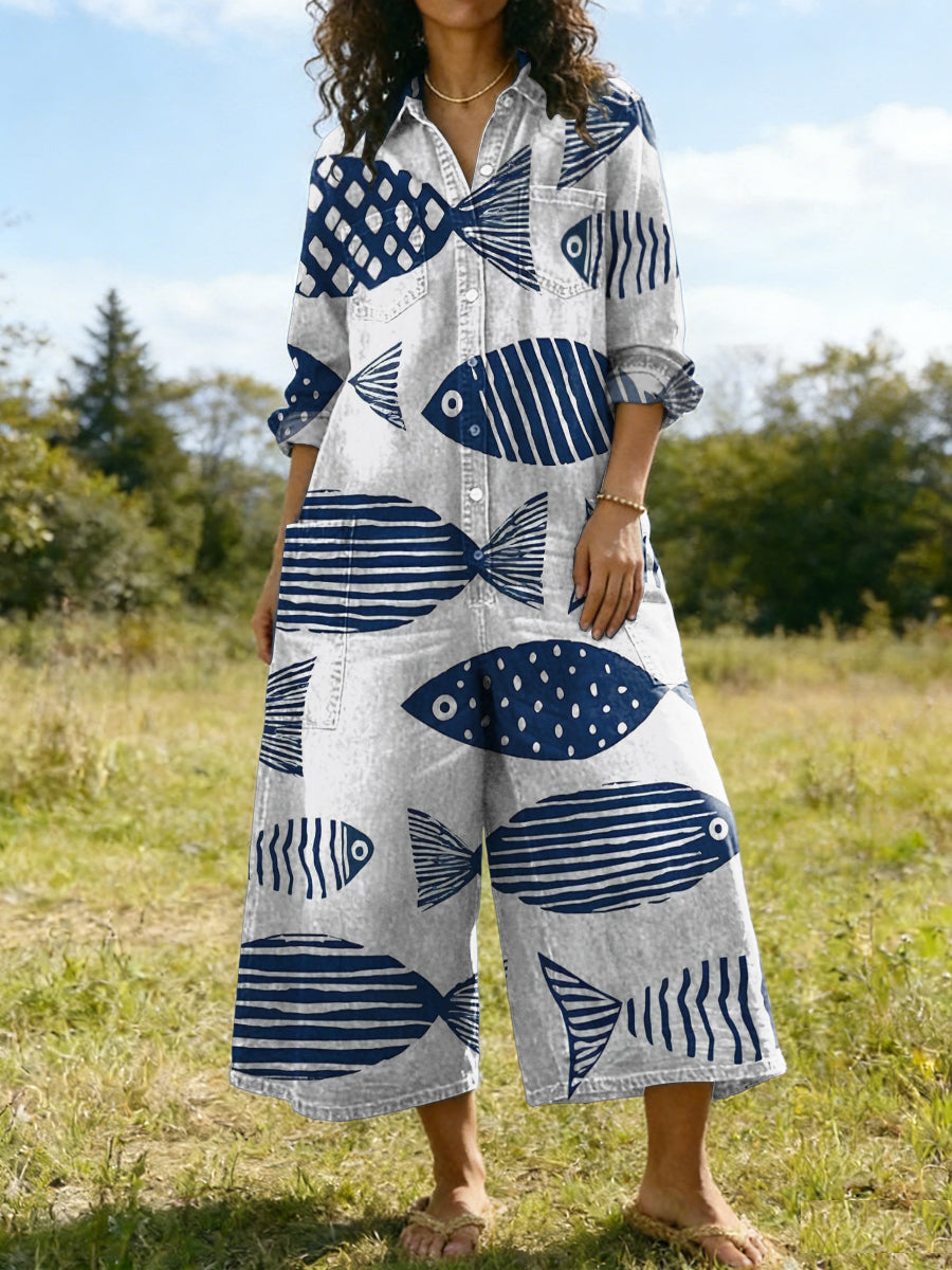 Women's Fish Decorative Patterns Cozy And Casual Linen And Cotton Jumpsuit