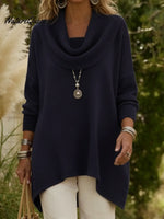 Elegant Draped Collar Irregular Hem Sweater Pullover