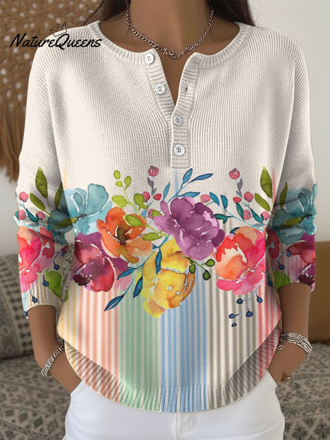 Women's Multicolor Flowers Pattern Art Print Buttoned Cardigan Sweater