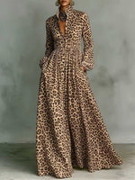 Women's Leopard Print Shirt-collar Long-sleeve Casual Loose A-line Dress