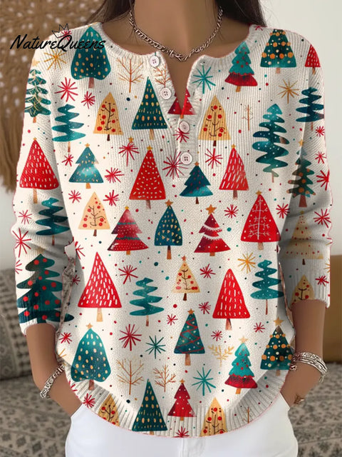Women's Christmas Tree Art Print Buttoned Cardigan Sweater
