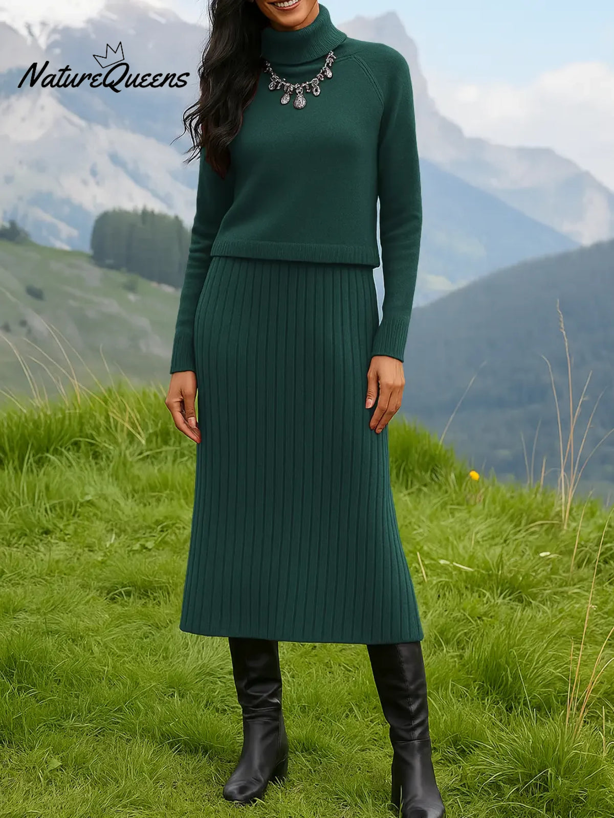 Women's Solid Color Turtleneck Knit Top and Vest Strap Knit Dress Set