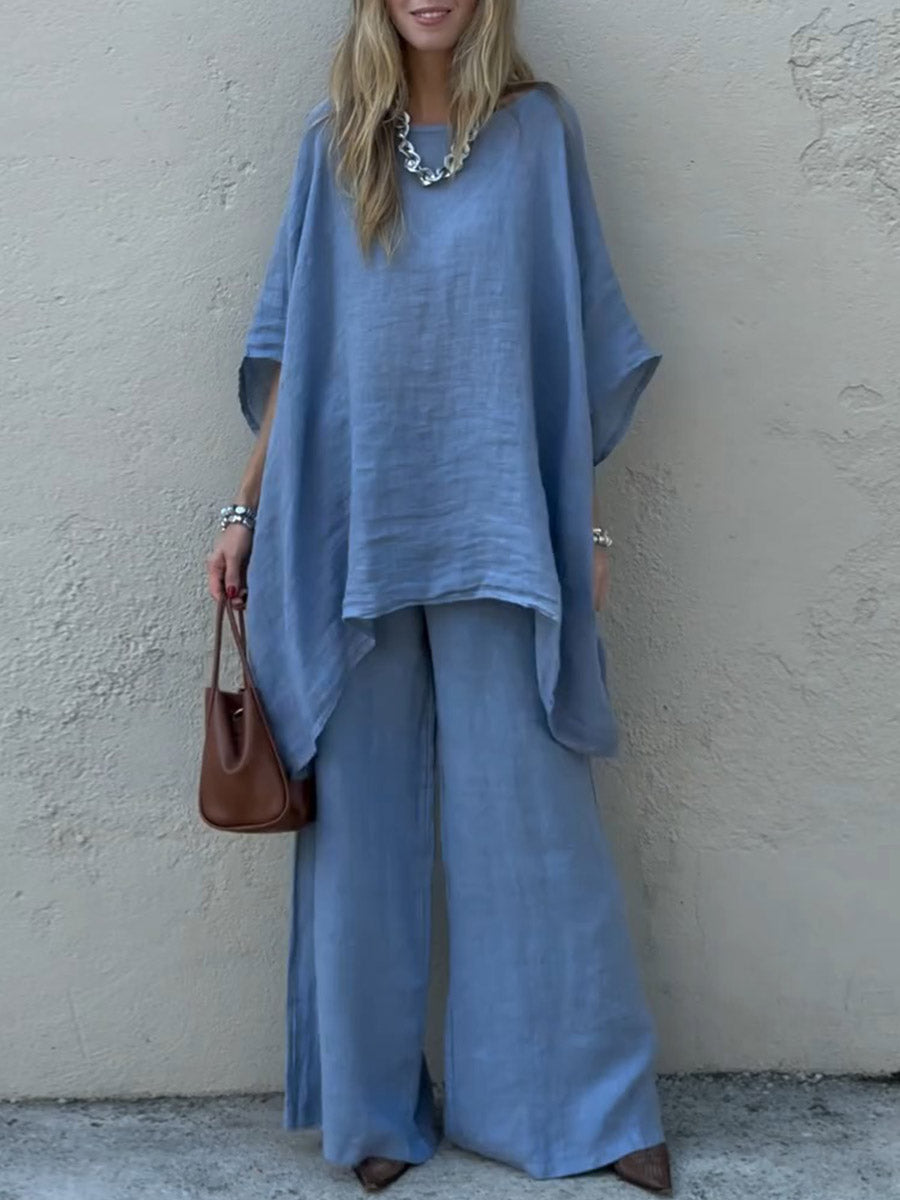 Women's Solid-color Cotton-linen Set: Loose-fit Round-neck 3/4-sleeve Top & High-waisted Wide-leg Pants