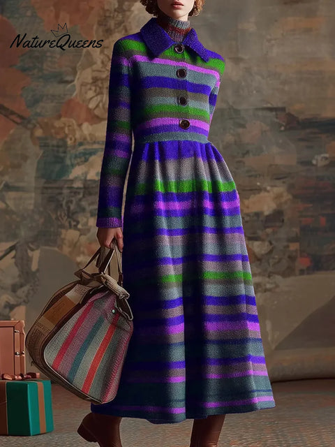 Women's Color-blocked Striped Print Collared Long-sleeved Casual A-line Knit Dress