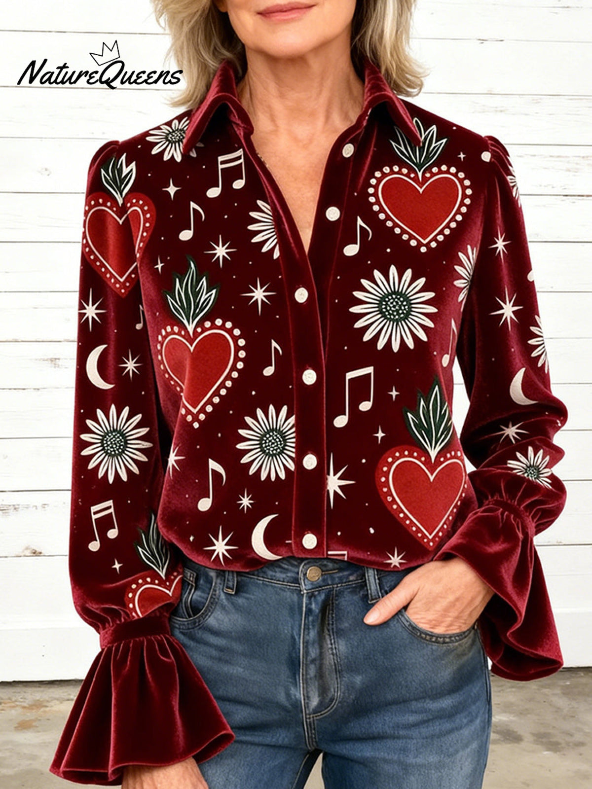 Women's Vintage Love Print Casual Velvet Valentine's Day Shirt