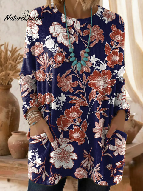 Women's Floral Pattern Art Print Casual Cotton Knitted Sweater