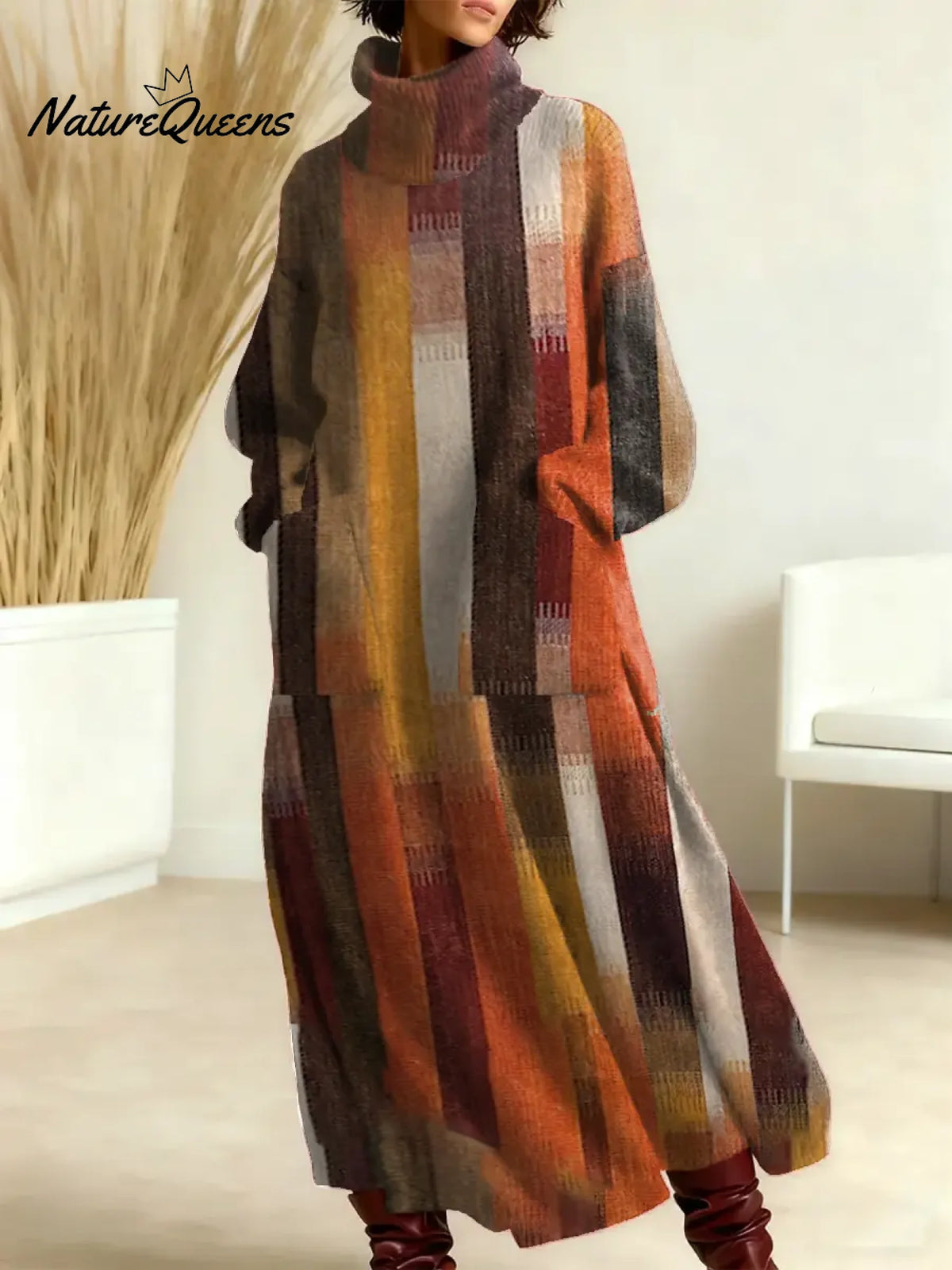 Women's Vintage Abstract Geometry Art Print Casual Cotton Knitted Dress