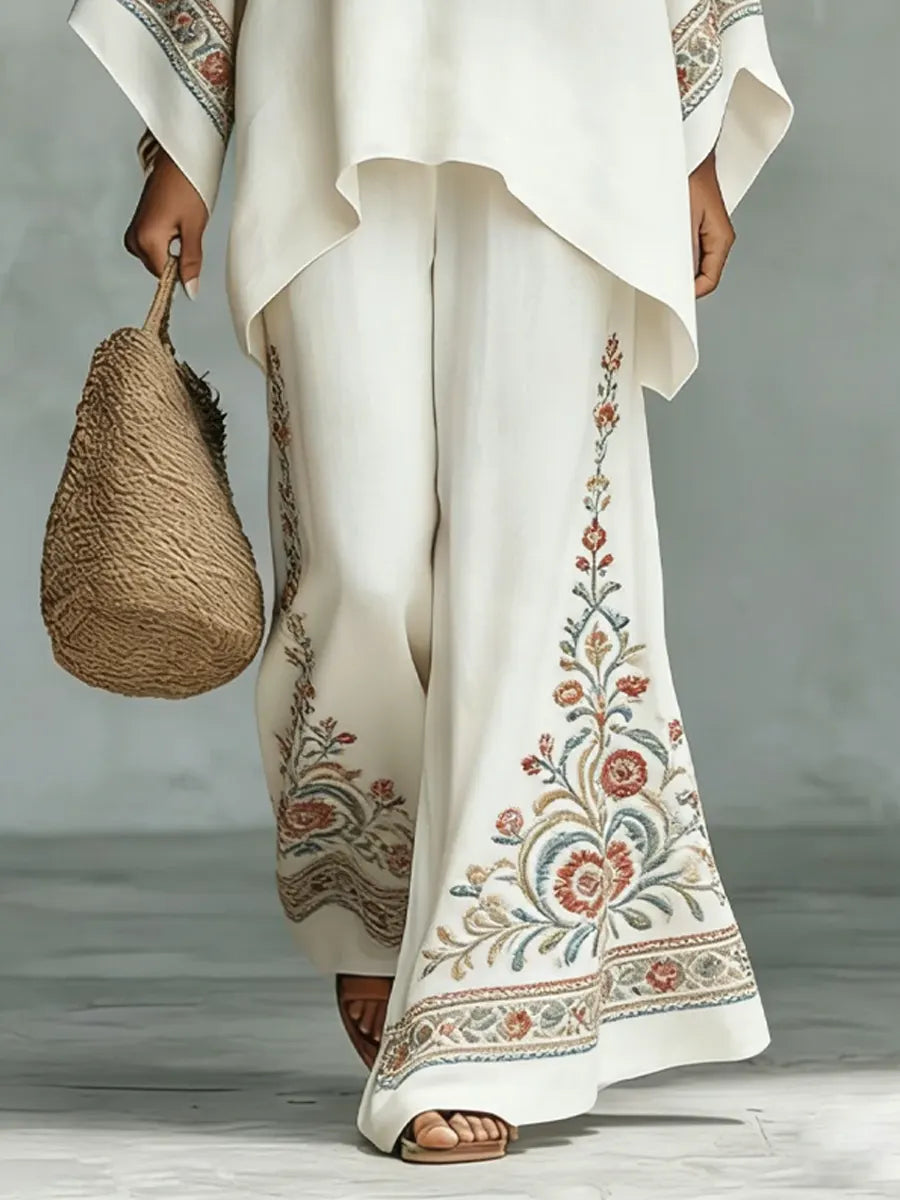 Women's Vintage Ethnic Floral Pattern Art Print Casual Cotton Linen Suits