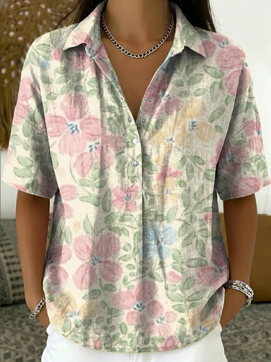 Floral Art Pattern Casual Cotton-linen Shirt