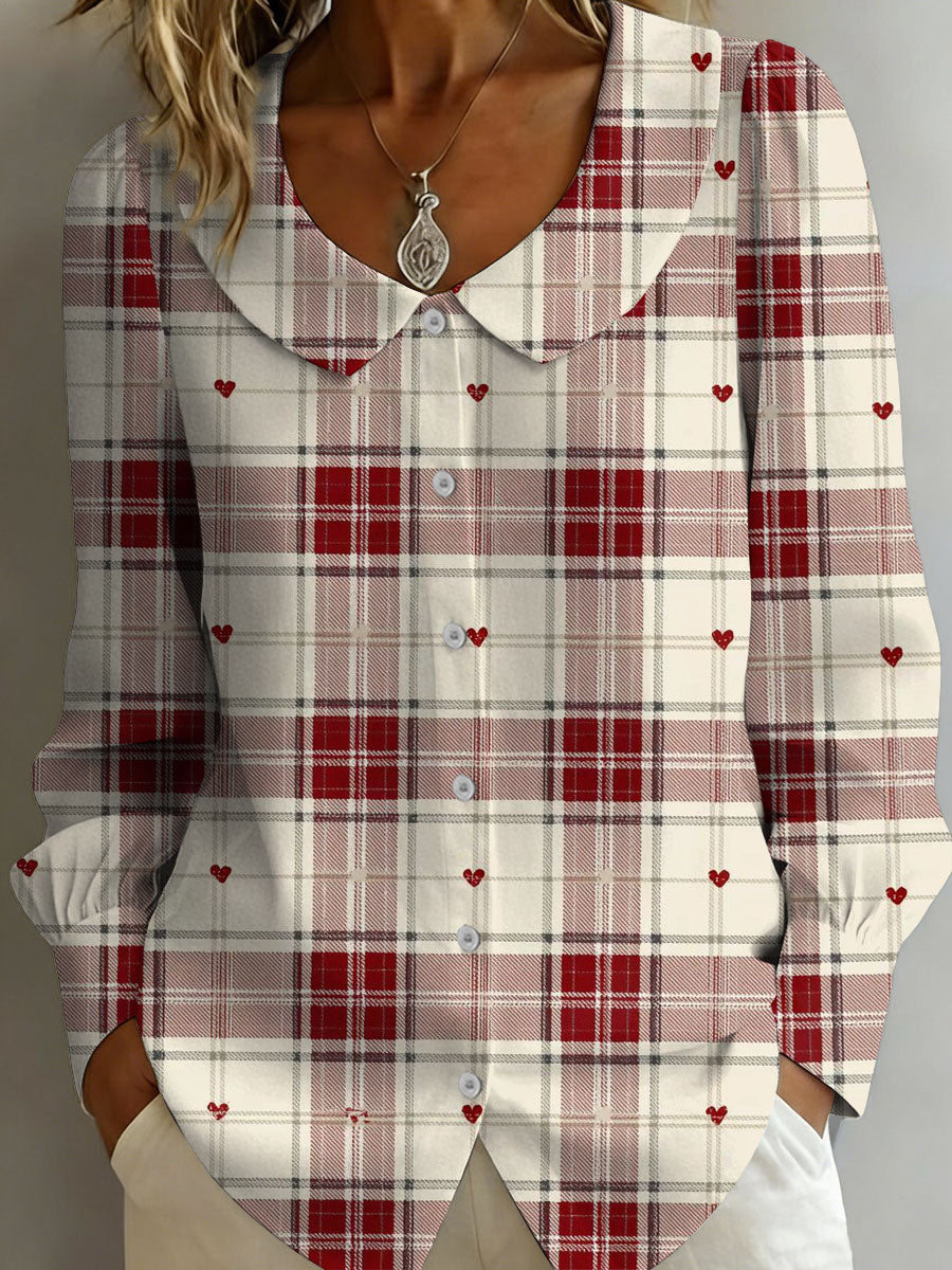Women's Plaid Heart Art Print Vintage Peter Pan Collar Casual Shirt