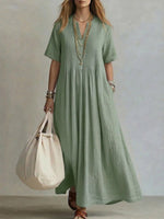 Women's V-neck Short-sleeve Casual Loose Pleated Cotton-linen Dress