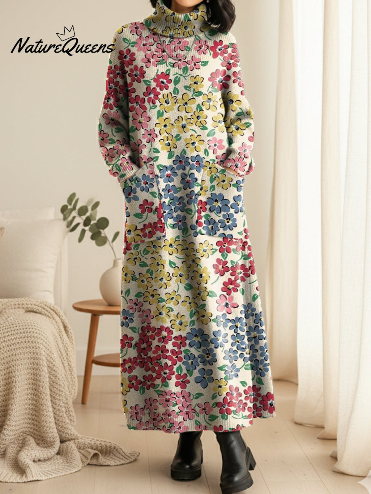 Women's Colorful Floral Art Casual Cotton Knitted Dress