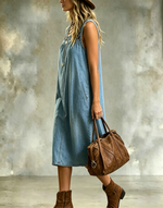 Women's Casual Denim Dress Crochet Lace Neck Sleeveless Midi Jean Dresses