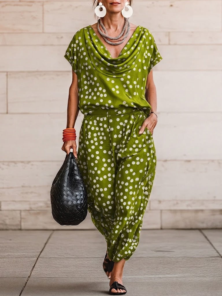 Casual & Cozy Polka-dot Cowl-neck Top And Pants Two-piece Set