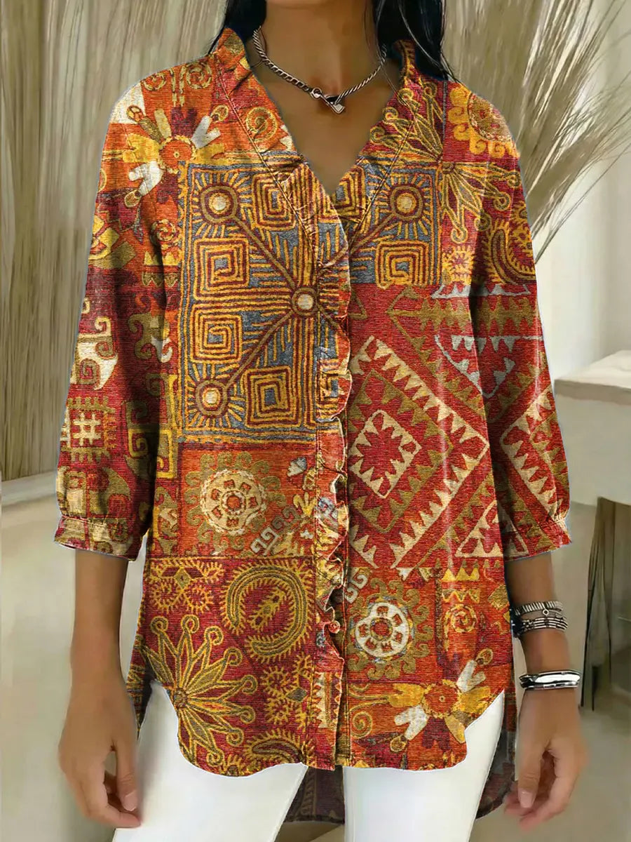 Women's Vintage Pattern Art Print Casual Ruffled Denim Shirt