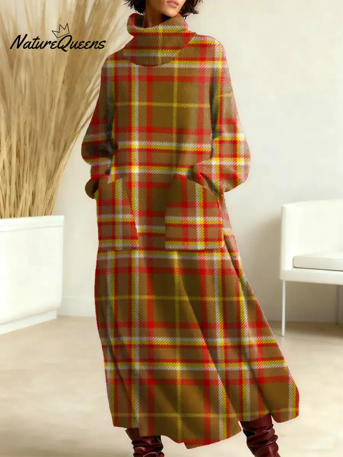 Women's Vintage Plaid Art Print Casual Cotton Knitted Dress