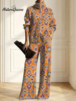 Women's Floral Pattern Art Print Casual Cotton Knitted Suits
