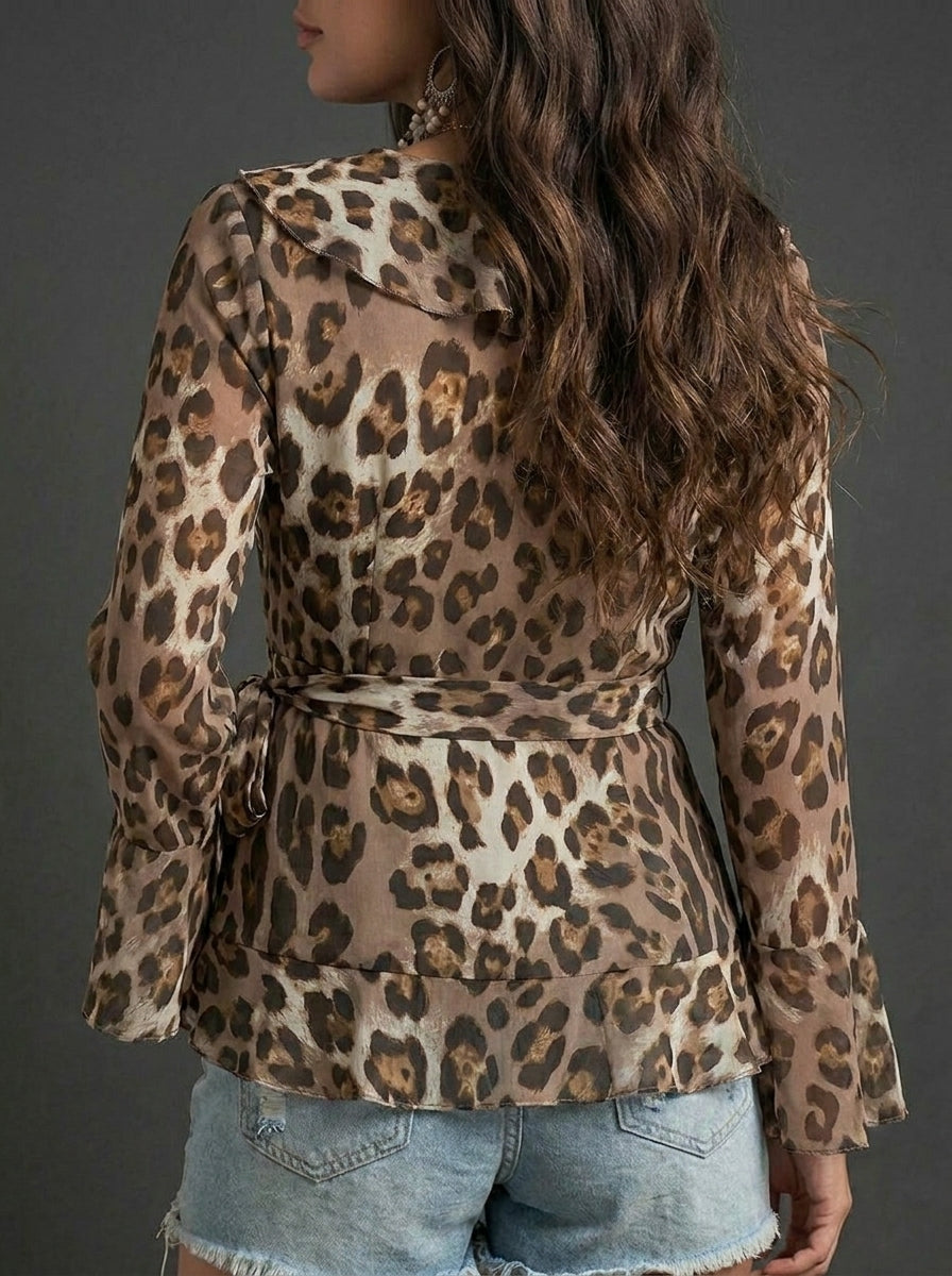 Vintage Leopard Print Ruffled Chiffon Casual Shirt