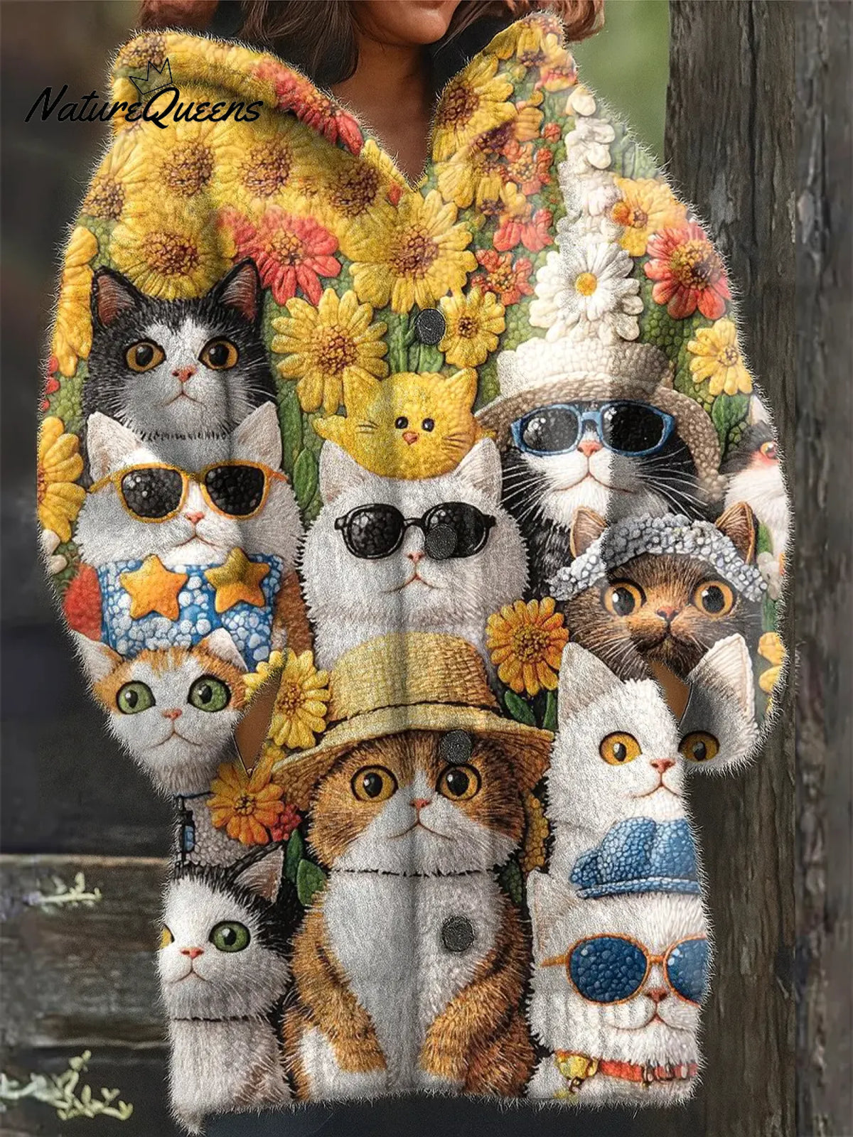 Women's Funny Cats Pattern Art Print Casual Fleece Coat