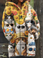 Women's Funny Cats Pattern Art Print Casual Fleece Coat