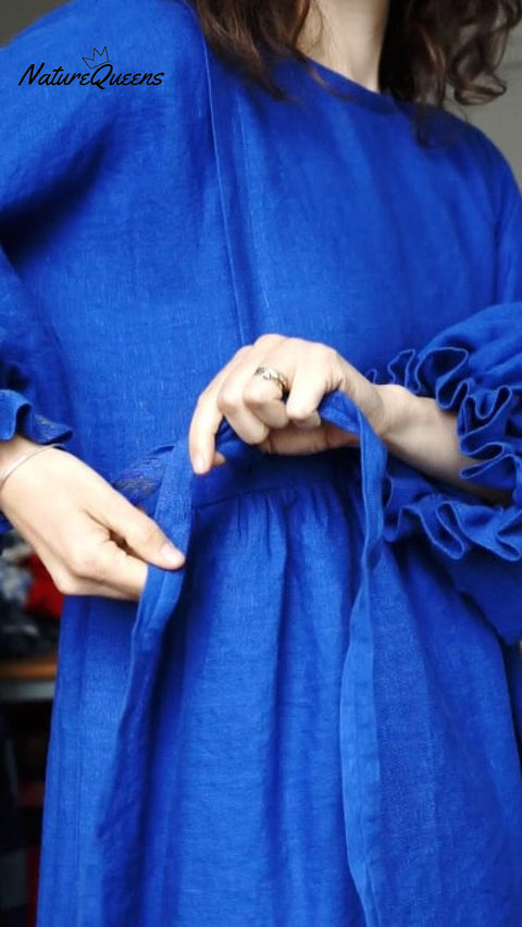 Women's Cotton And Linen Solid Color Loose Casual Lantern Sleeve Dress